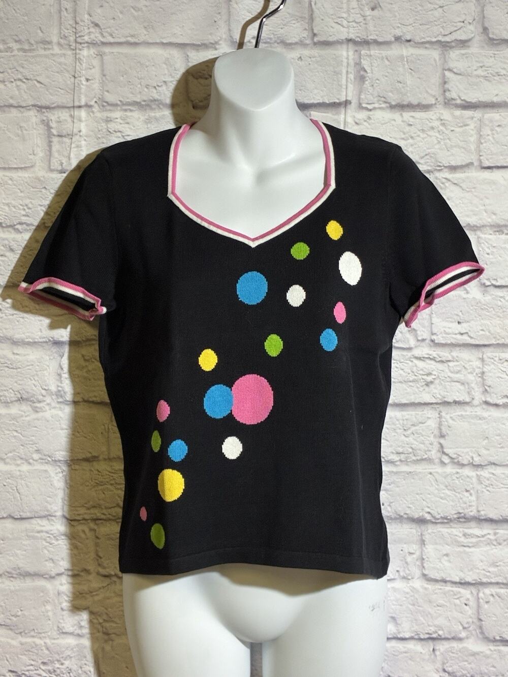 Vintage Hampshire Studio Petite Black Knit Top Colorful Polka Dots Y2K PS